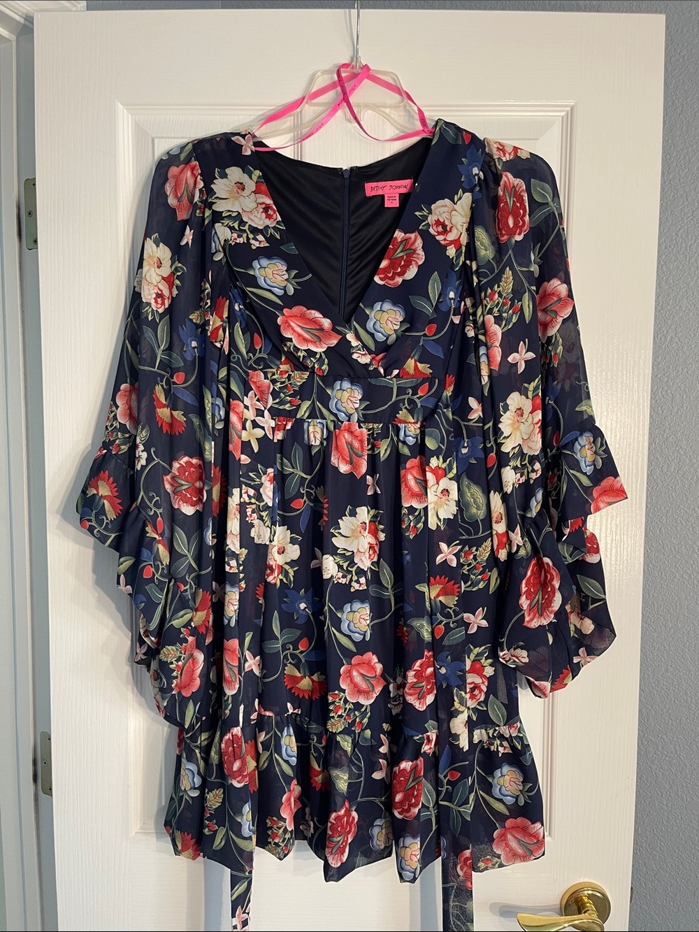 Betsey Johnson Navy Floral V-Neck Tiered Mini Dress